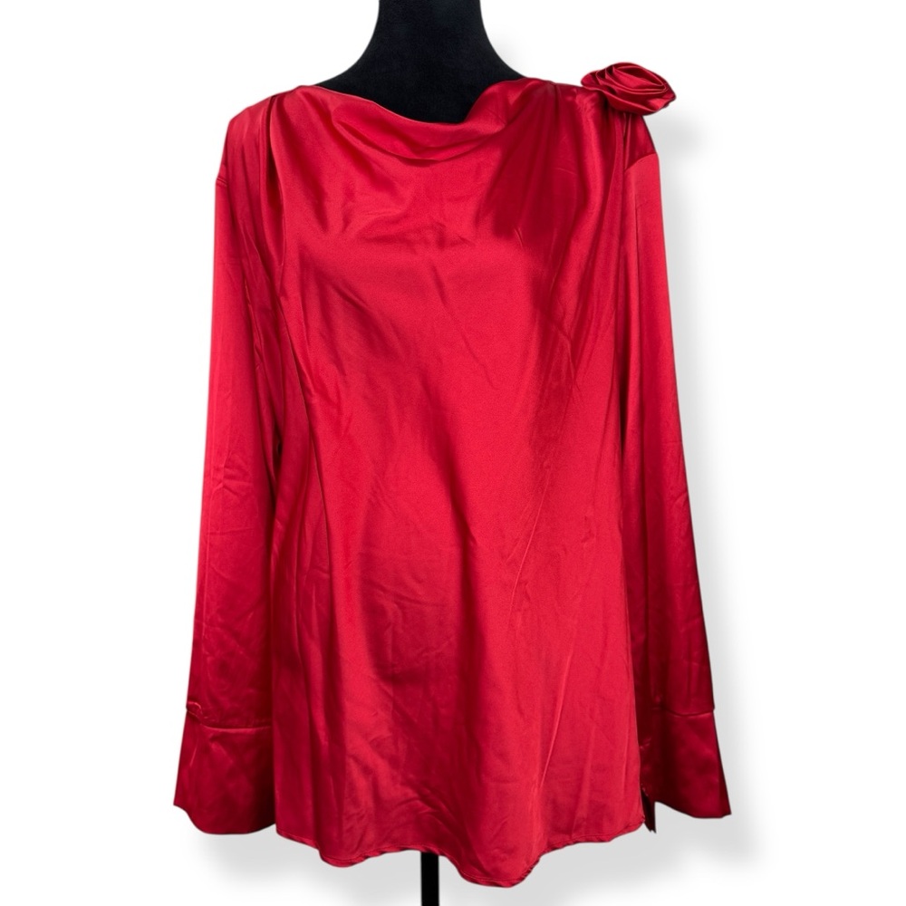Adiva‎ Top Womens Plus 2X Solid Red Blouse with Shoulder Rose Detail Drape Neck